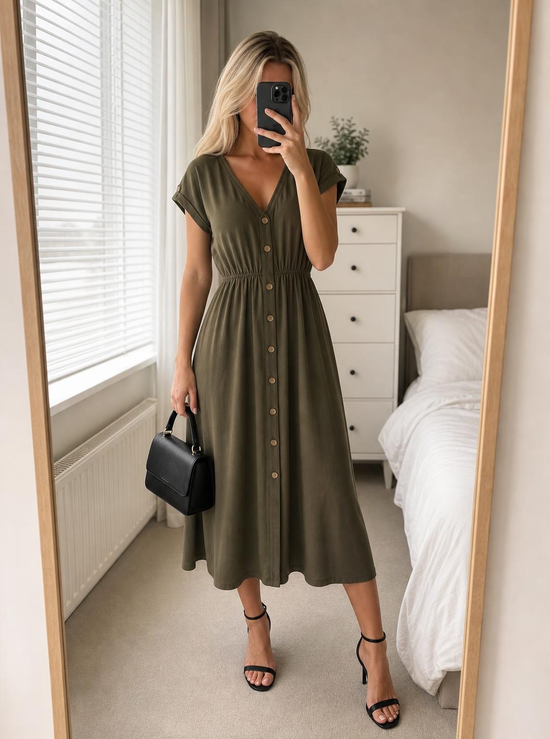 F&F Olive Green Button-Front Midi Dress Size 14 Very Good