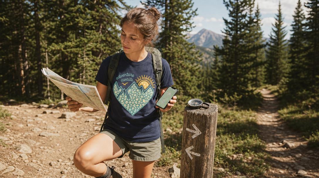 Various weather-appropriate hiking gear on a bench