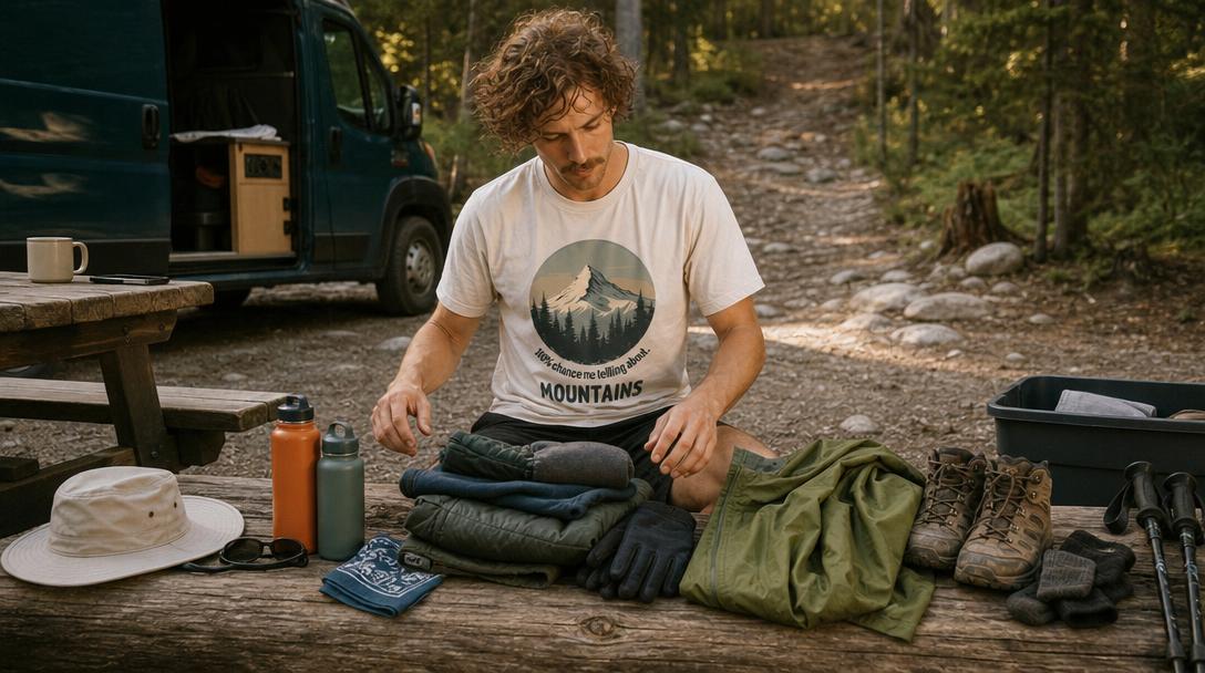 Backpack and hiking essentials laid out on ground