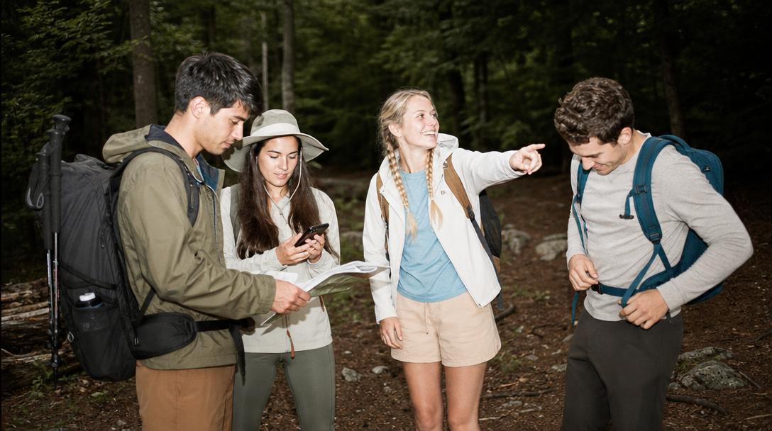 Two hikers talking and looking at map on trail