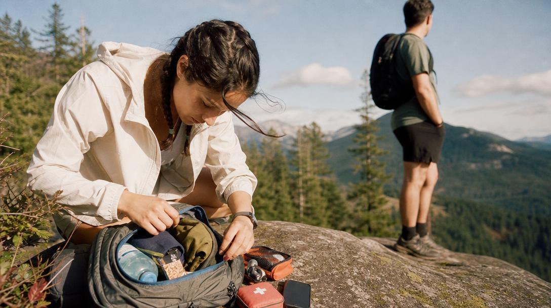 Hiker with backpack admiring forest view after first hike
