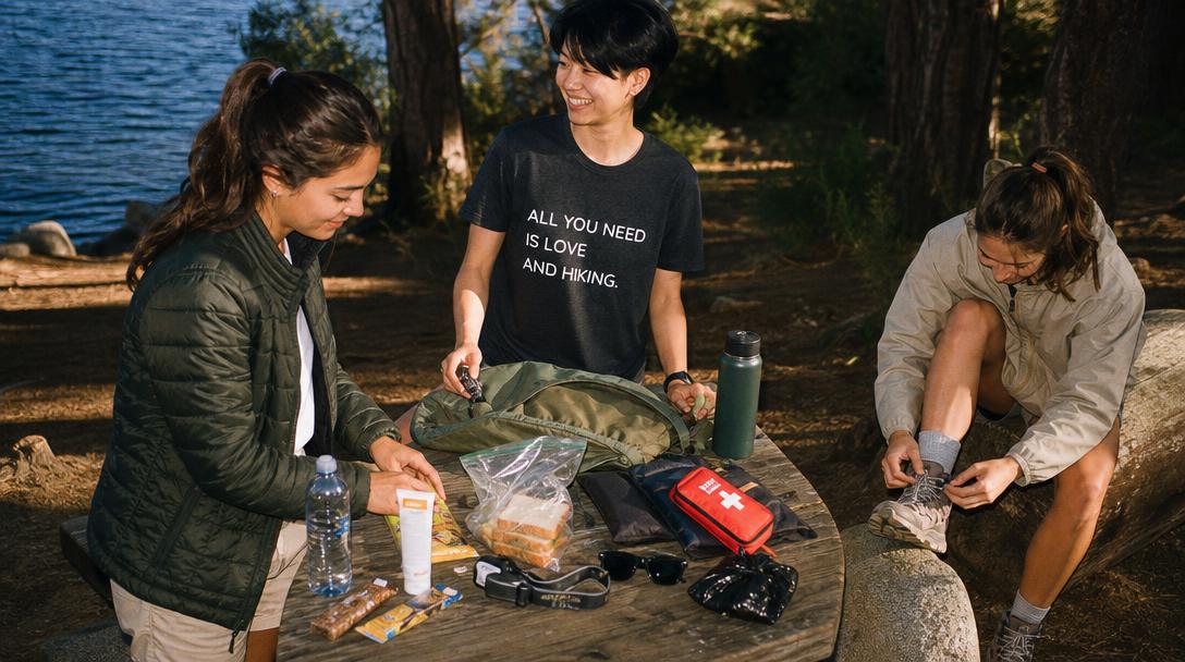 Day hiking essentials laid out for first time hikers