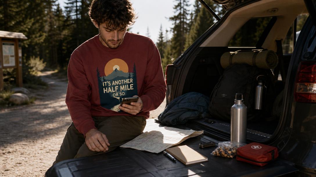 Map and hiking gear checklist on a table