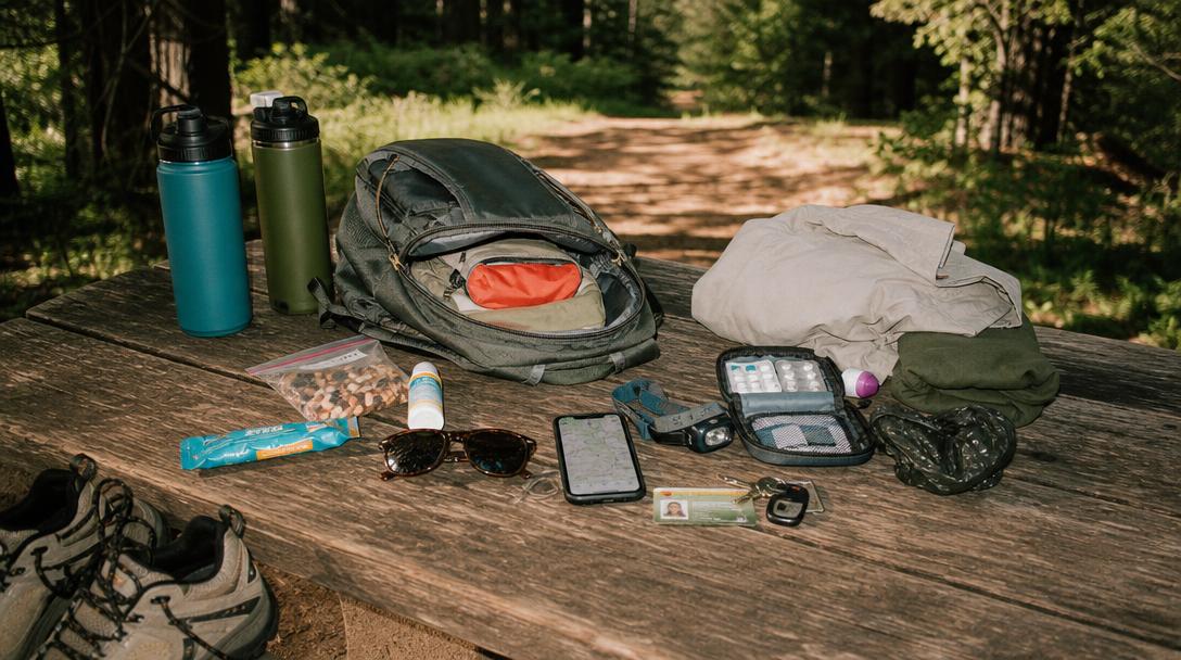 Hiker's hand holding water bottle on trail