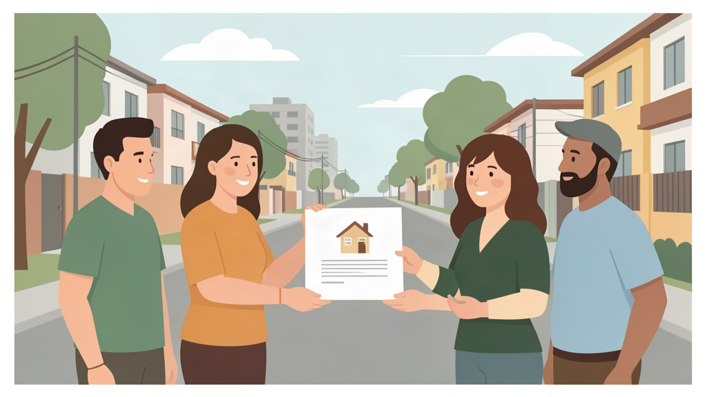 Ilustración de una familia recibiendo la escritura de su vivienda en un acto municipal en Hurlingham