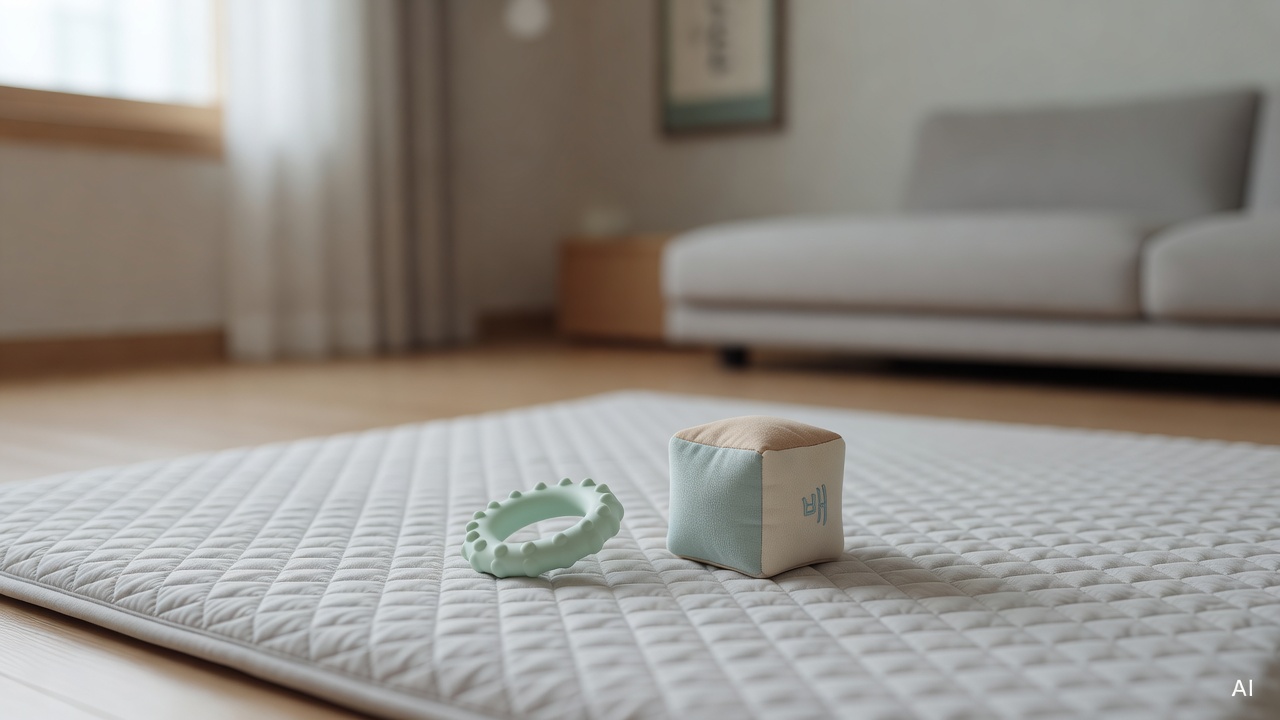 soft rubber teething ring and small fabric block on a light gray baby play mat