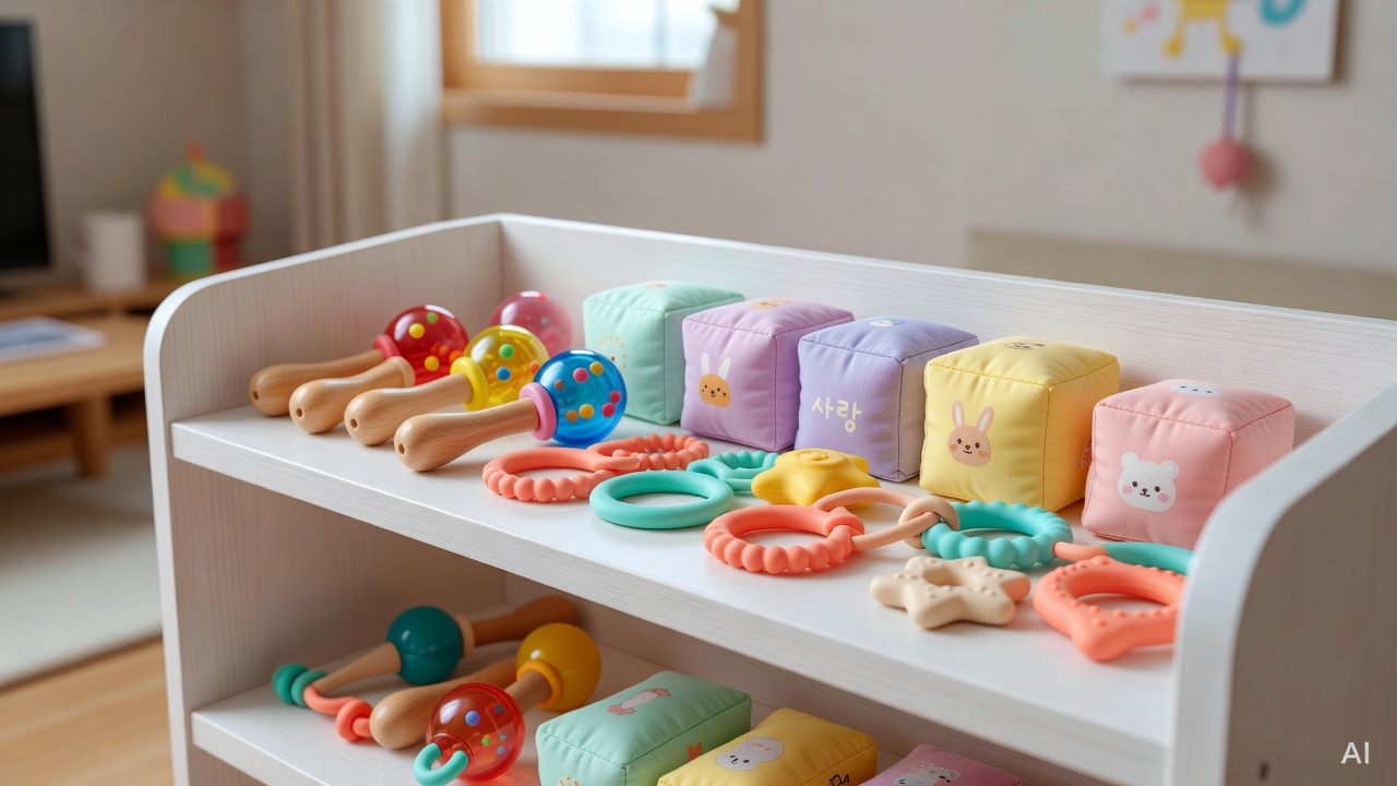 various colorful baby toys arranged on a white wooden shelf — rattles, soft blocks, and teething rings