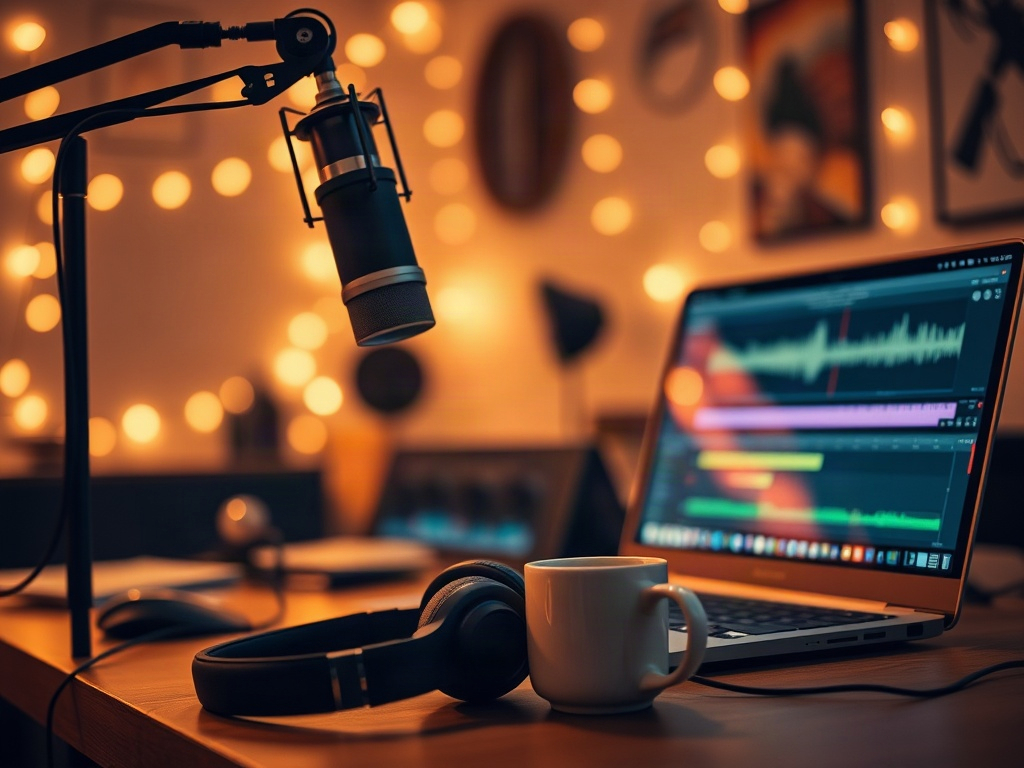 A warm cinematic photo of a home podcast studio: a large condenser microphone on a boom arm, headphones on the desk, a laptop showing an audio waveform, a coffee mug, and soft string lights in the blurred background