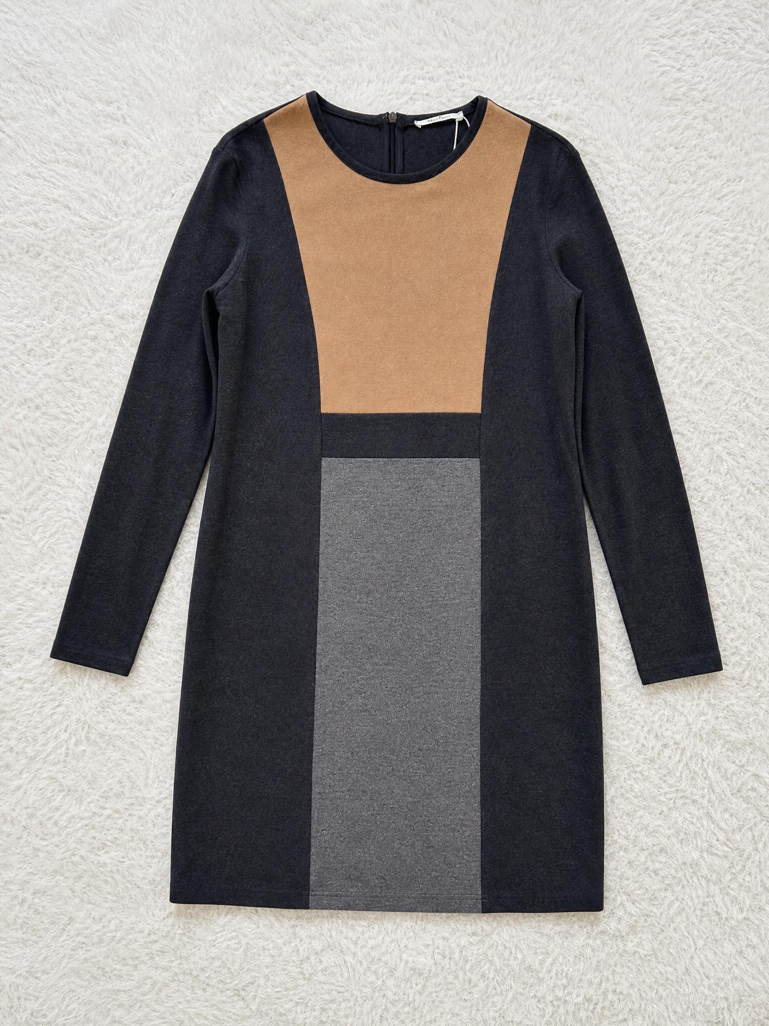 Max Mara colour-block long-sleeve dress in black, camel & grey