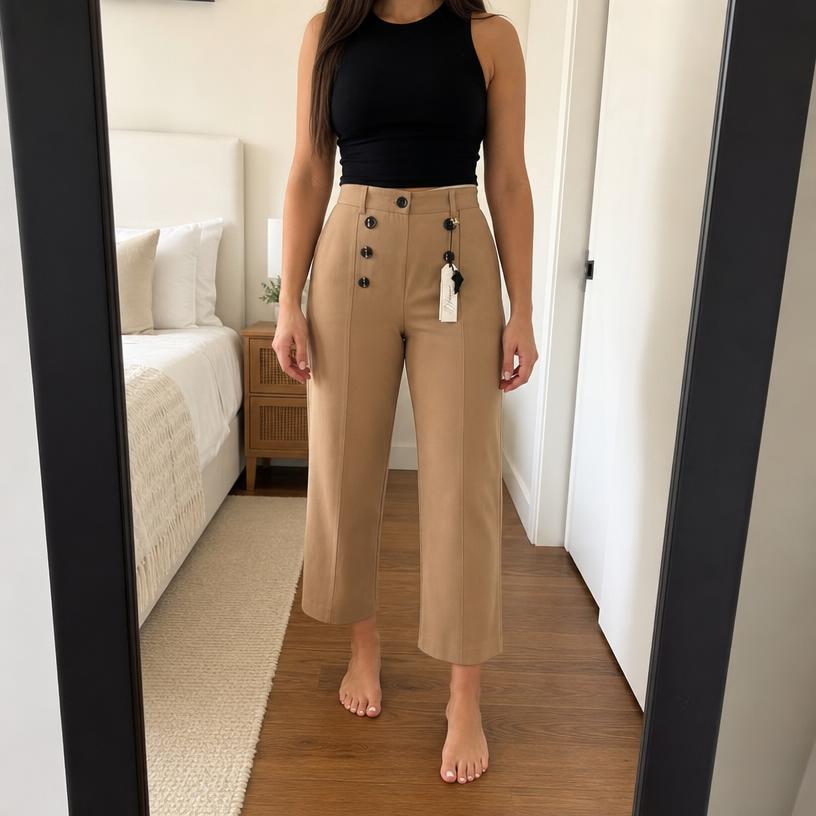 Camel high-waisted tailored trousers with black button details - new