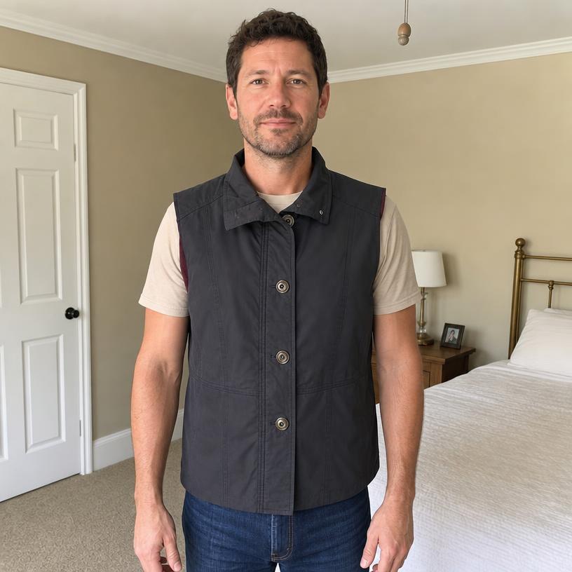 Black sleeveless button-front gilet vest with stand collar