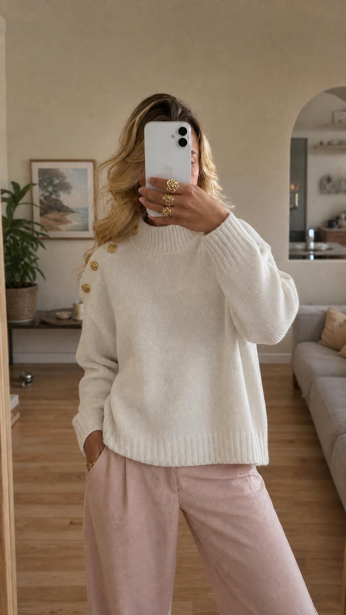 Holland Cooper Cream Ribbed Knit Jumper Gold Crest Buttons NWT