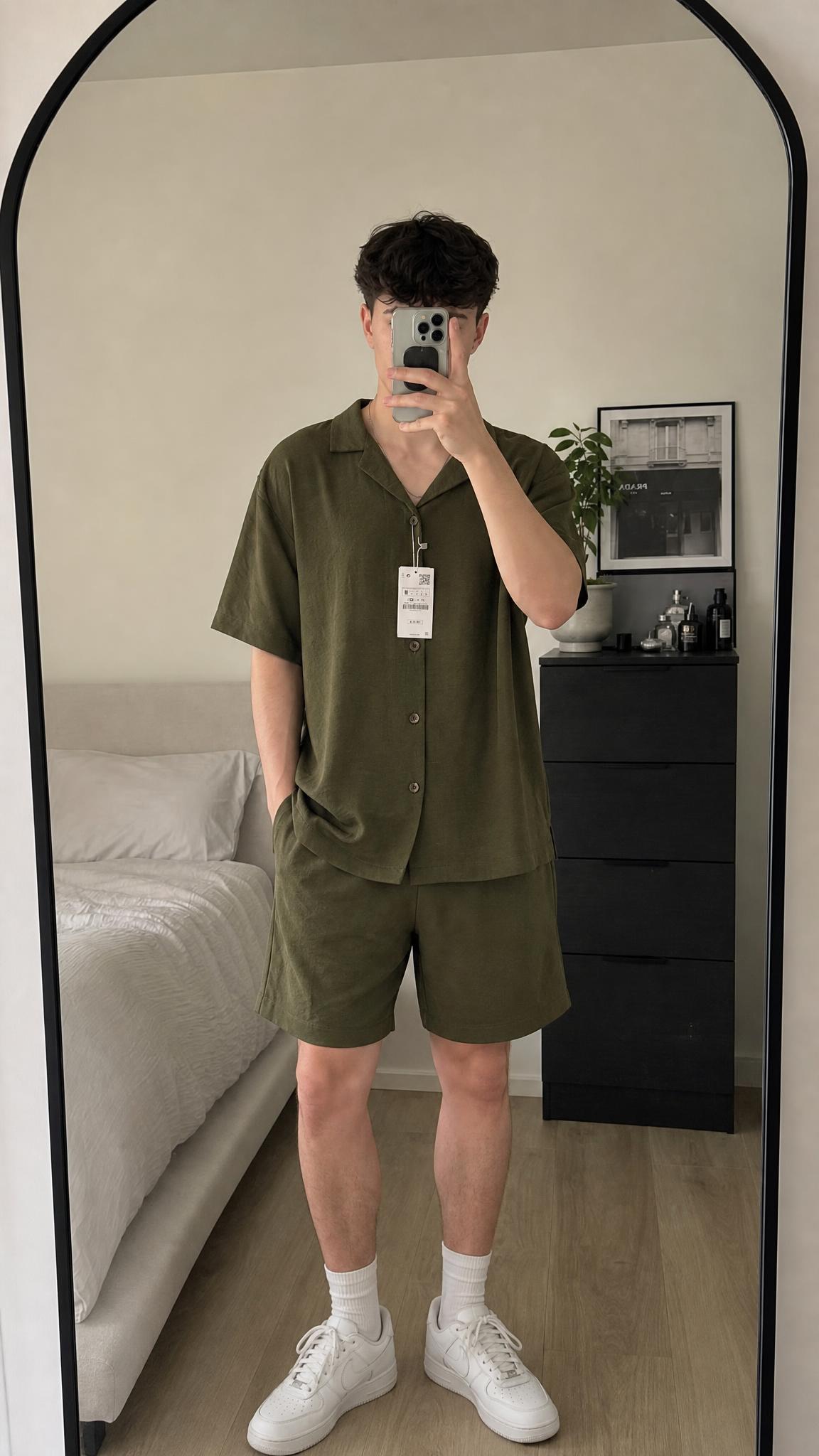 Zara olive green short-sleeve shirt with collar, new with tags