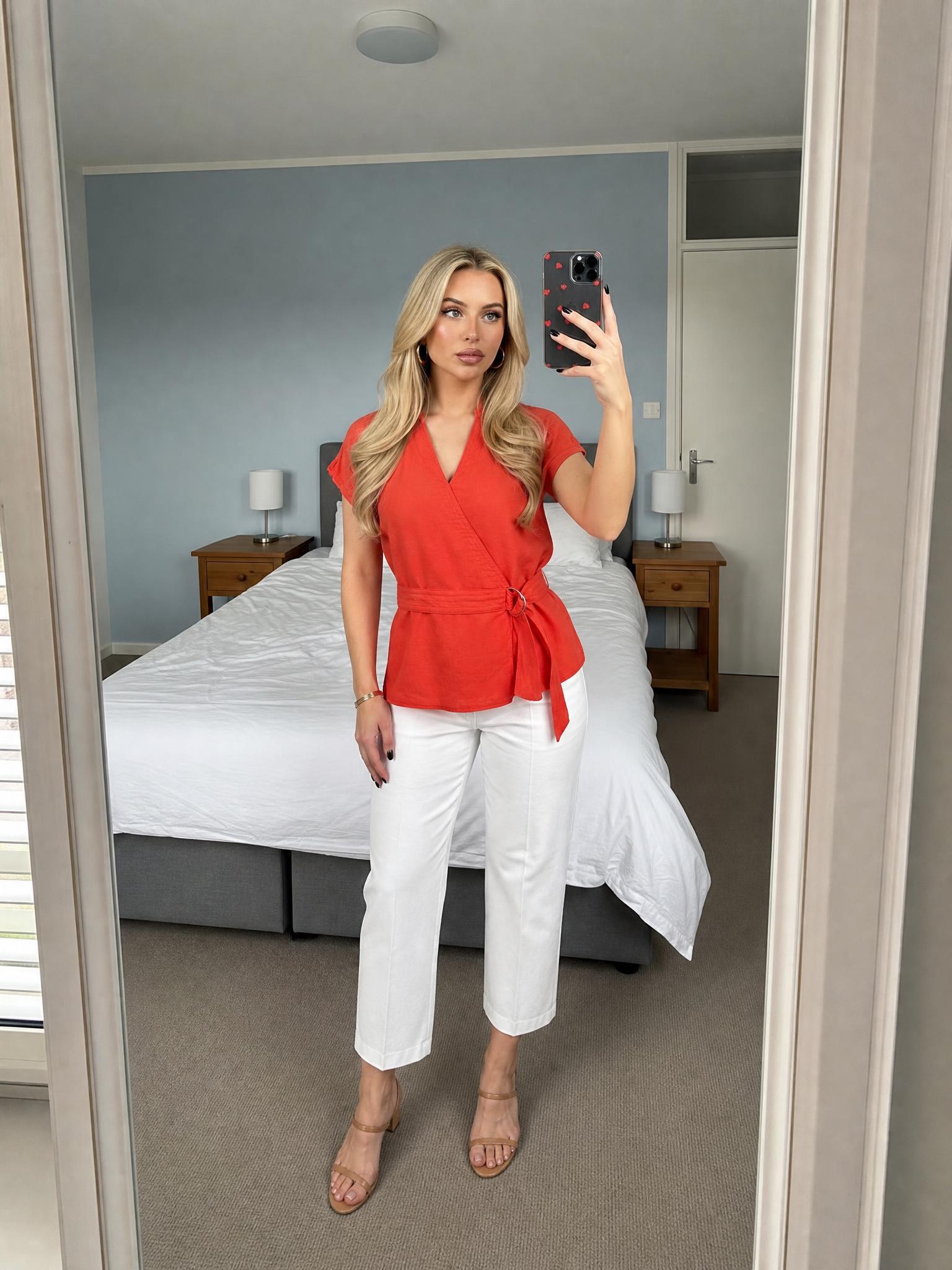 M&S Autograph Coral Red Tie-Waist V-Neck Top