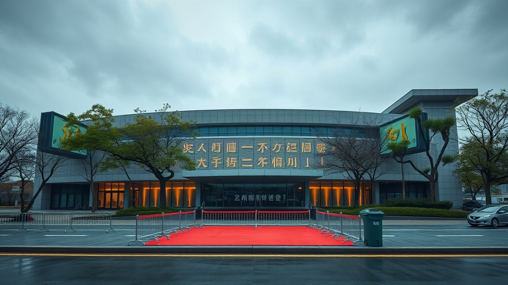 An editorial scene showing a film festival setting with climate-themed visuals and an audience