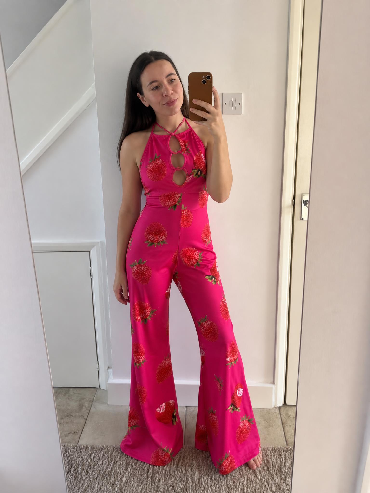 Strawberry Print Pink Halter Wide-Leg Jumpsuit New With Tags