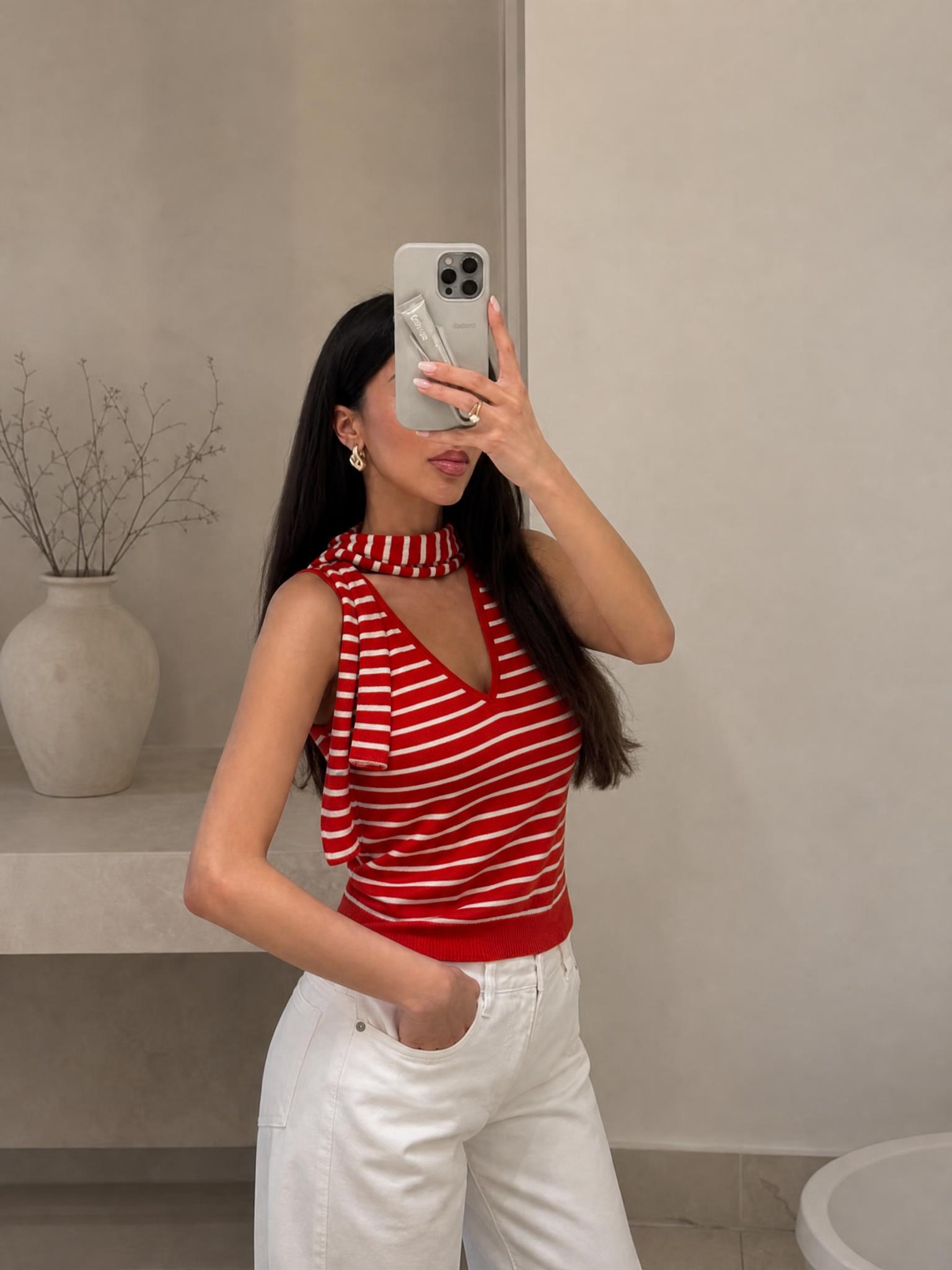 Red & White Striped Long-Sleeve Knit Mini Dress