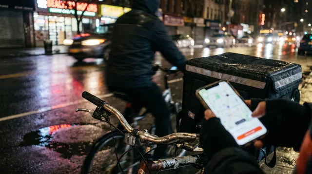 A delivery cyclist checking a phone map on a neon-lit street at night