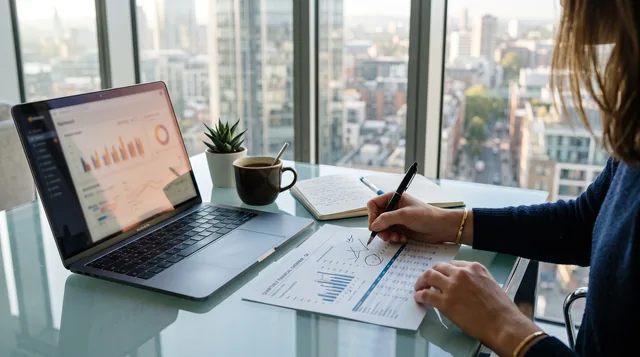 Hands annotating a financial chart beside a laptop dashboard