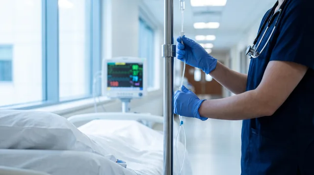 A nurse checking an IV line beside a hospital bed
