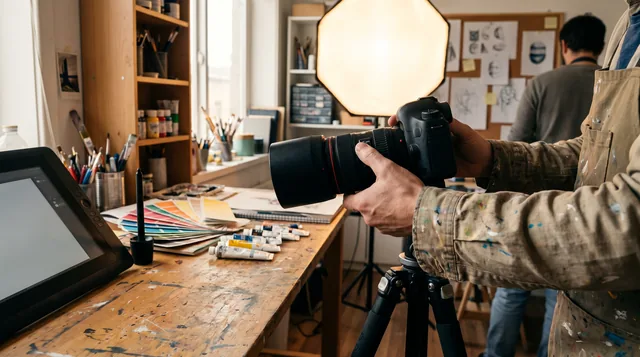 A camera on a tripod in a creative studio with color swatches