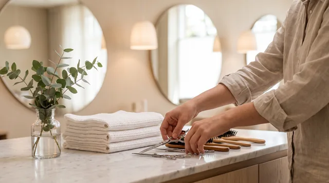 Shears and brushes arranged on a salon counter with towels