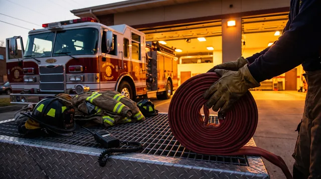 Gloved hands coiling a hose beside a fire engine at dusk
