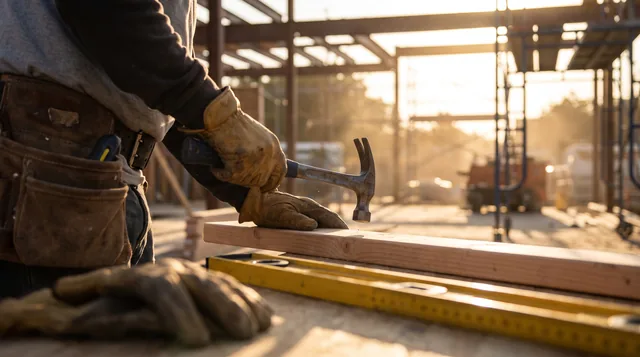 Gloved hands framing lumber on a construction site at golden hour