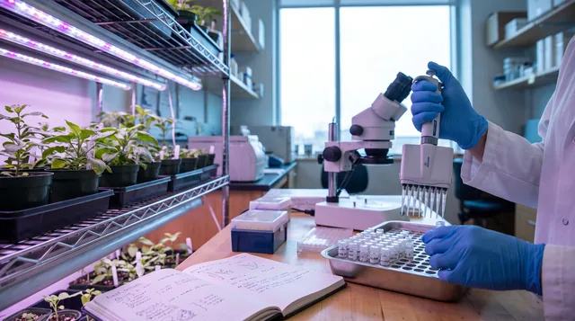 Gloved hands using a pipette over sample vials in a lab
