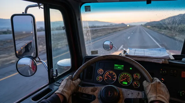 Hands on the wheel of a truck cab with open highway ahead