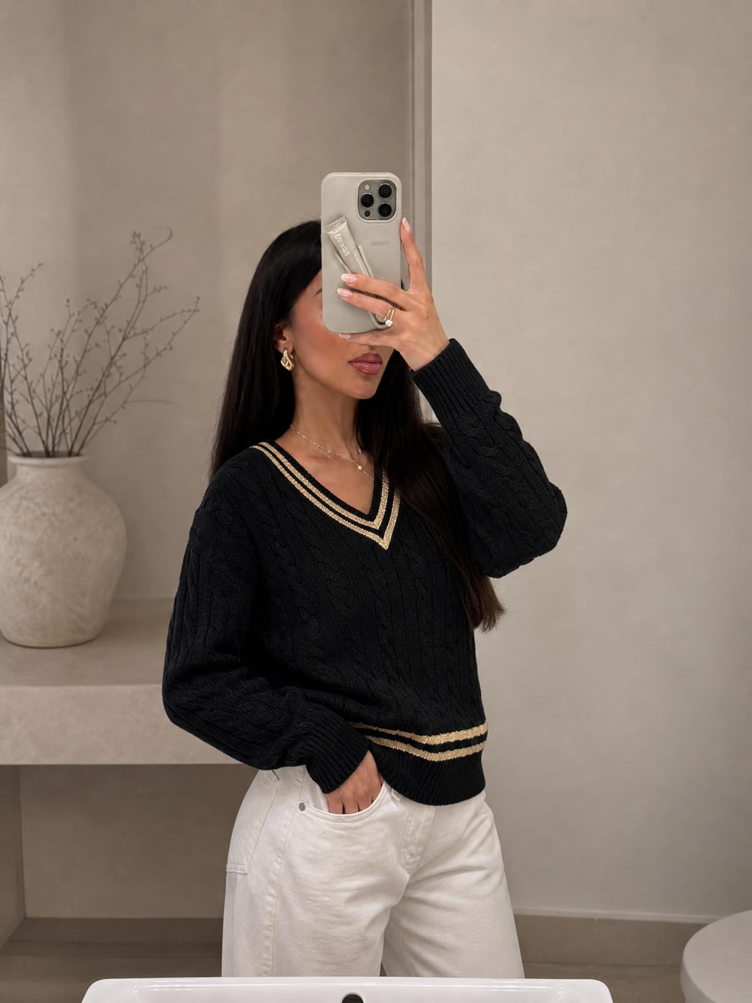 Lauren Ralph Lauren Black Cable Knit V-Neck Jumper