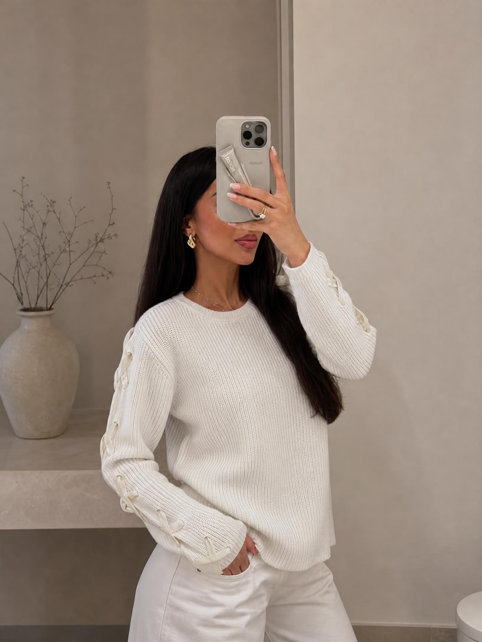 Lauren Ralph Lauren Cream Ribbed Lace-Up Sleeve Jumper