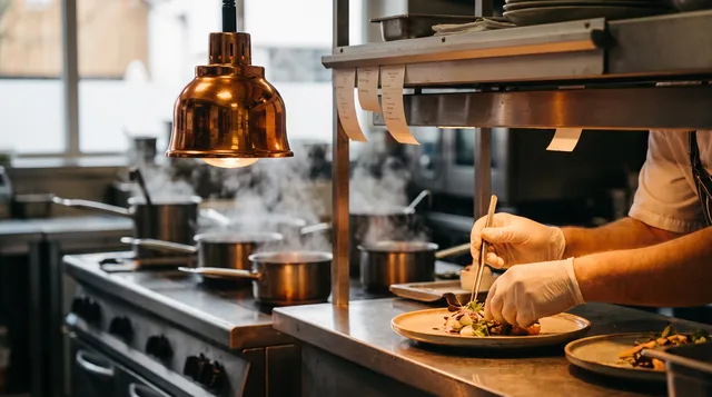 A cook plating a dish under a heat lamp during service