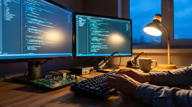 A developer workstation at dusk with code on two monitors