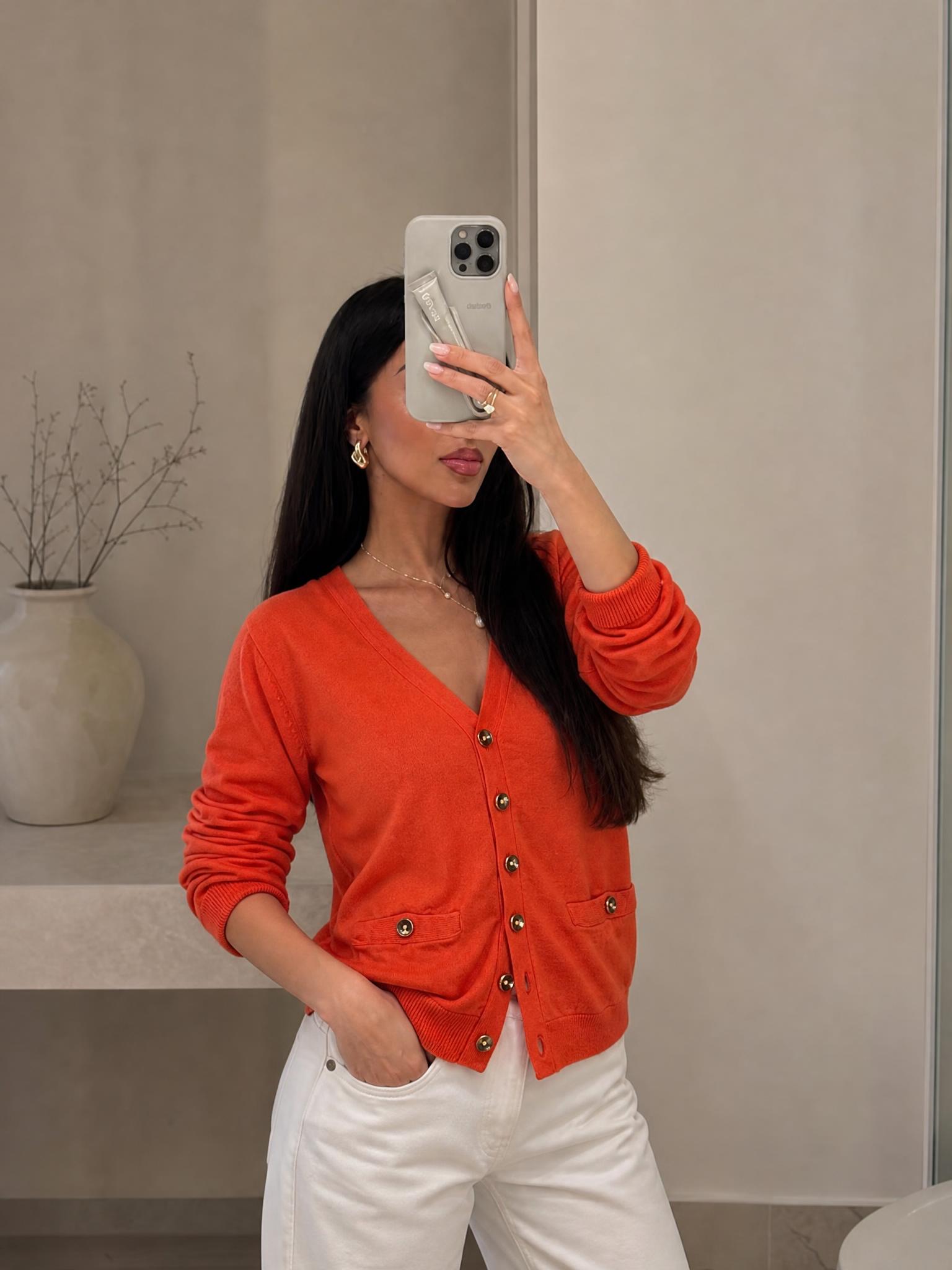 Burnt Orange Button-Front Cardigan with Pockets, Size S