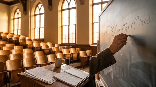 A hand writing an equation on a lecture hall whiteboard in afternoon light