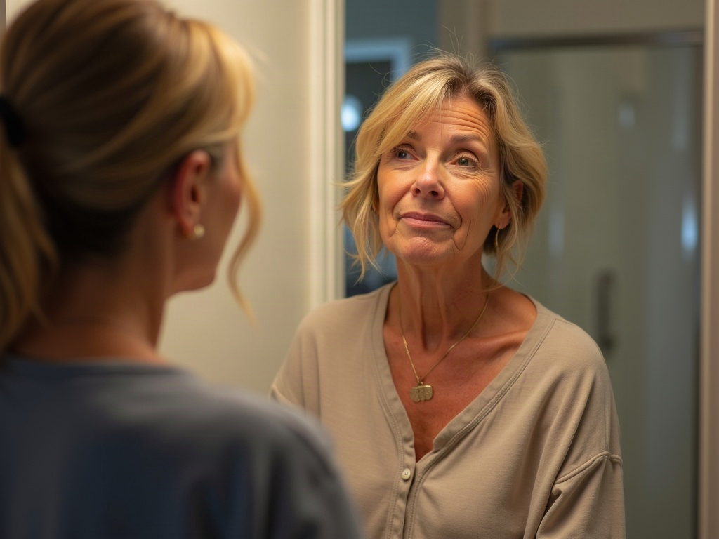 A middle-aged blonde woman with a wistful expression looks at her reflection in a bathroom mirror, seen from behind in a pony