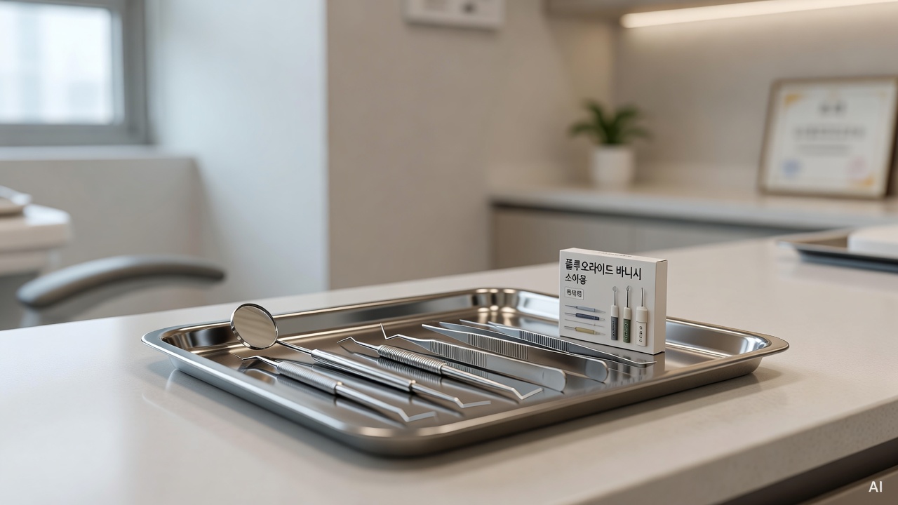dental tools and small fluoride varnish kit on a clinic tray