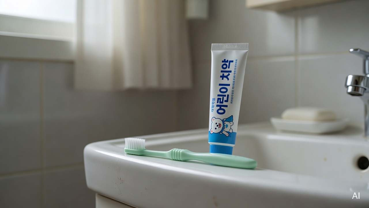 small child's toothbrush and toothpaste tube on a white bathroom sink
