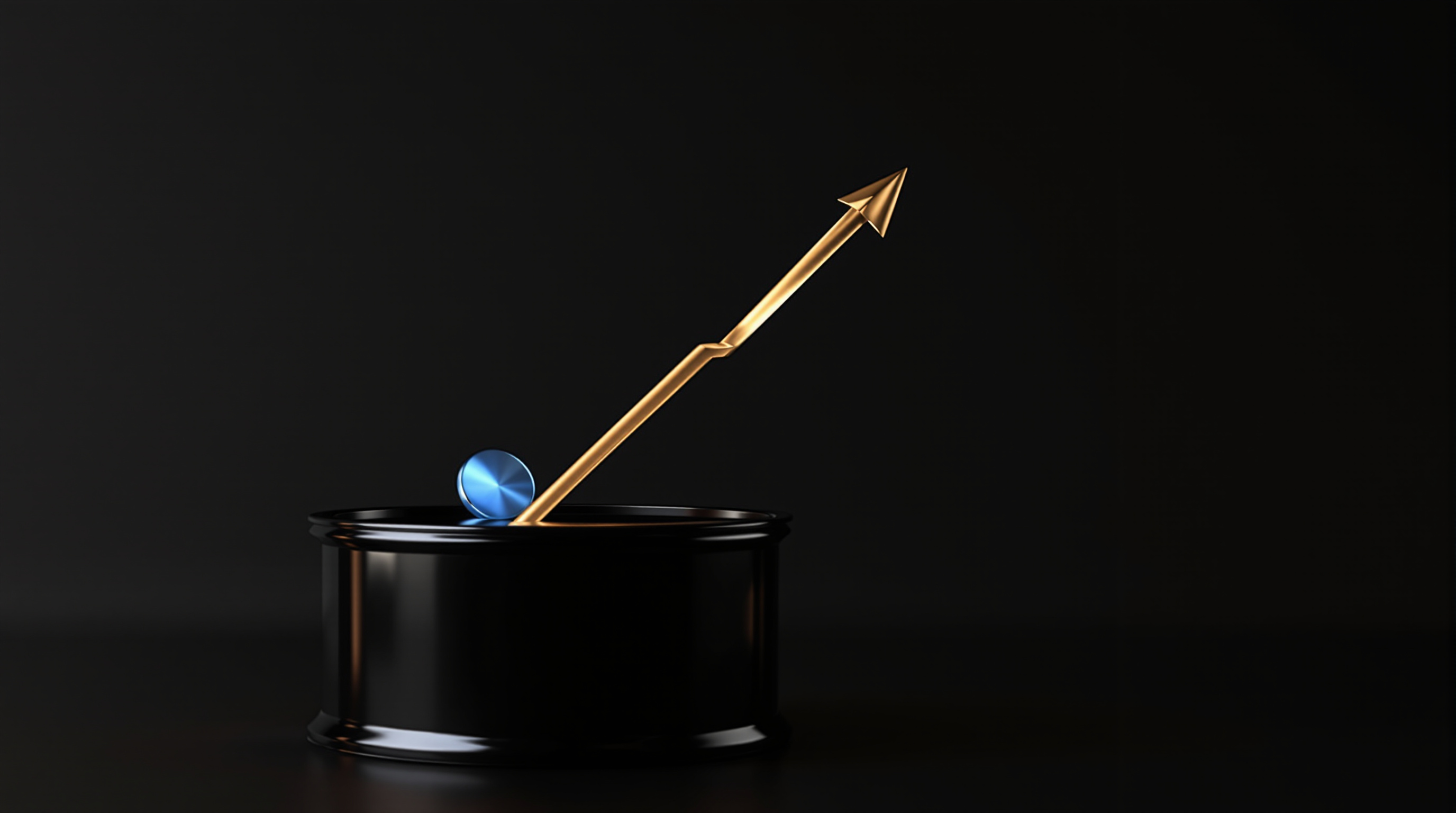 sculptural still life of a glossy black oil drum and a single polished gold ascending arrow, accompanied by a small reflective silver-blue disk (abstr — editorial cover artwork for the Knightron story on Equities Rally On Fed Pause Hopes; Oil Surges On Iran Kuwait