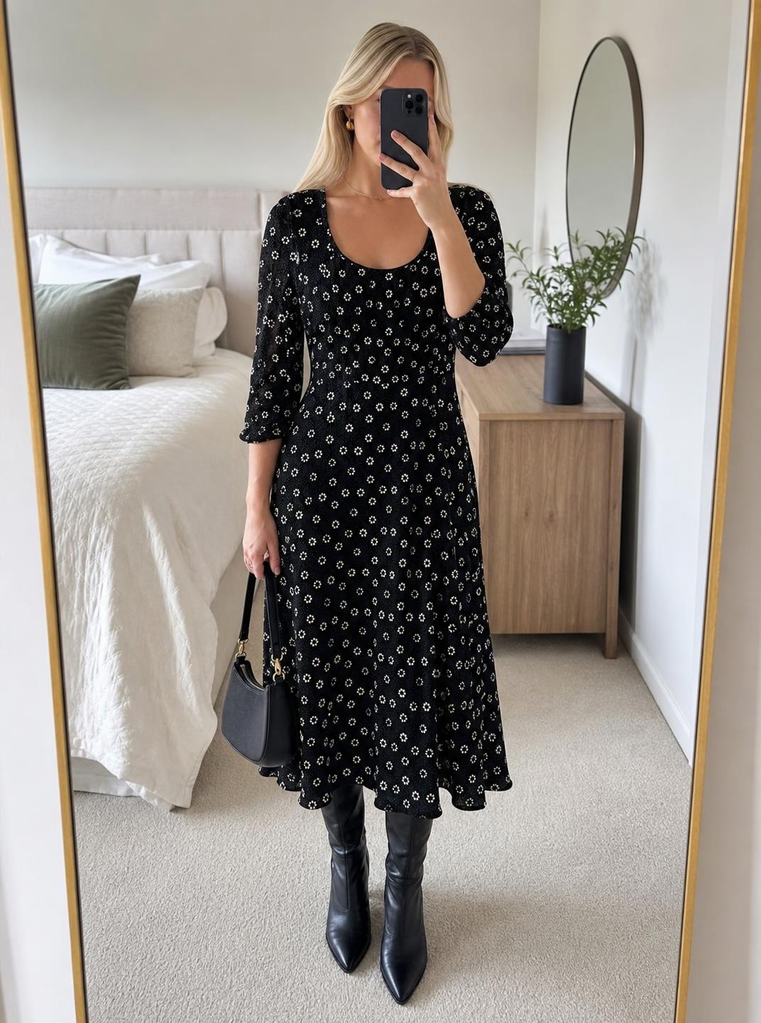 Black Floral Midi Dress with Ruffle Hem – Very Good