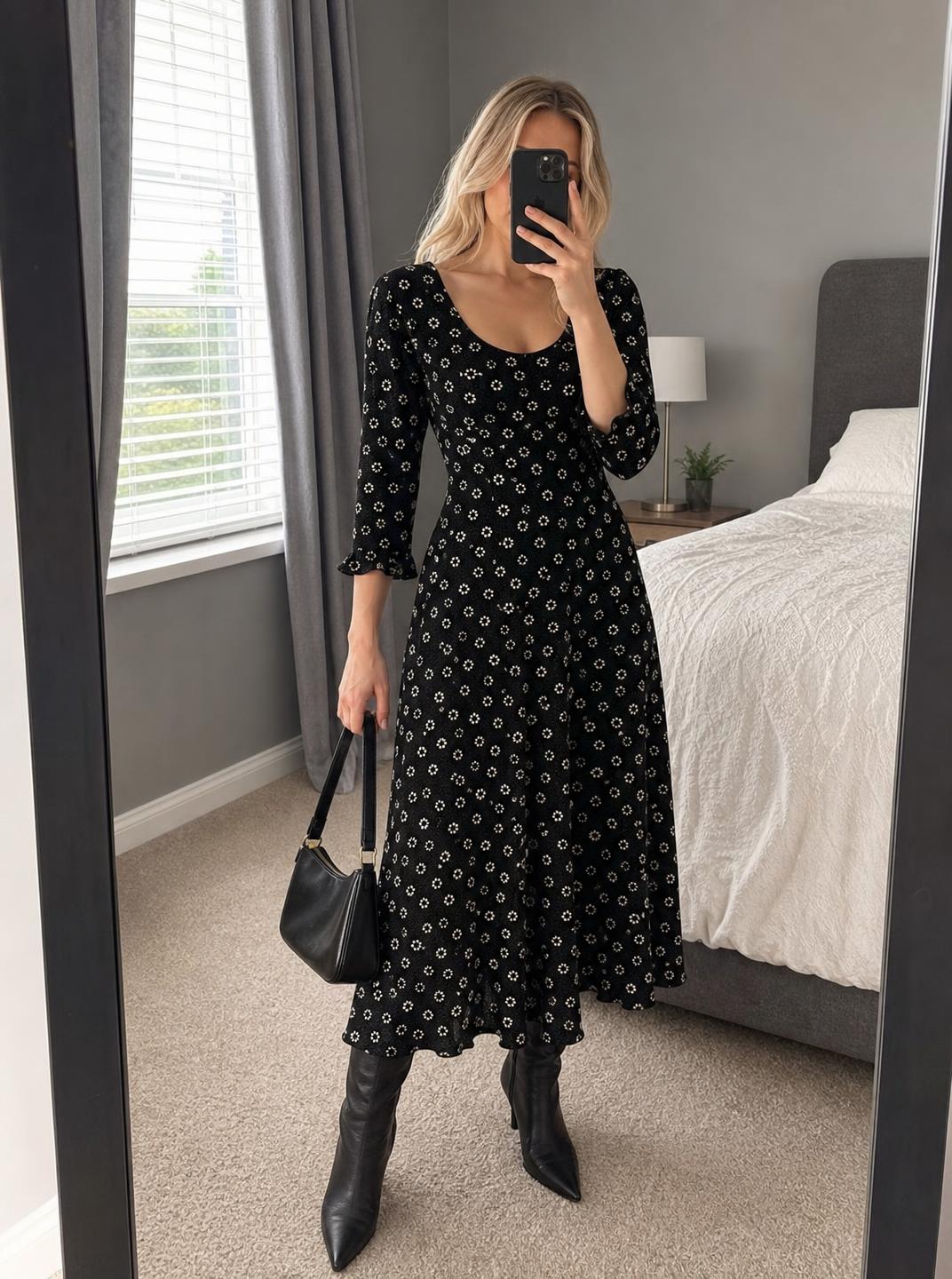 Black Floral Daisy Midi Dress with Ruffle Hem – Very Good