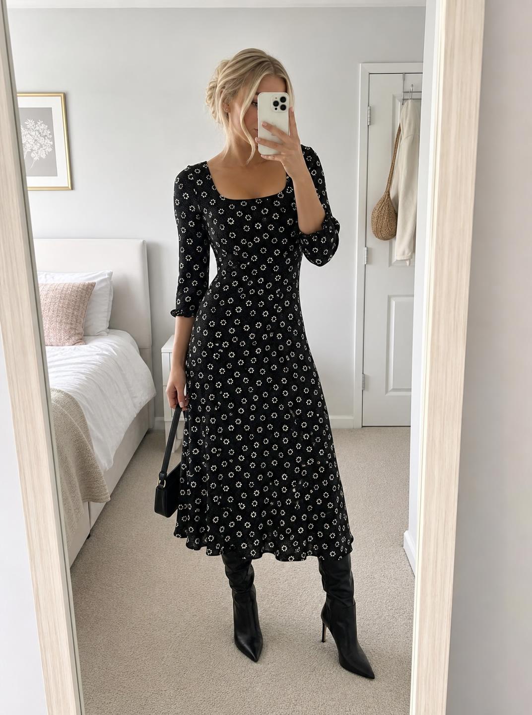 Black Floral Midi Dress with 3/4 Sleeves – Very Good