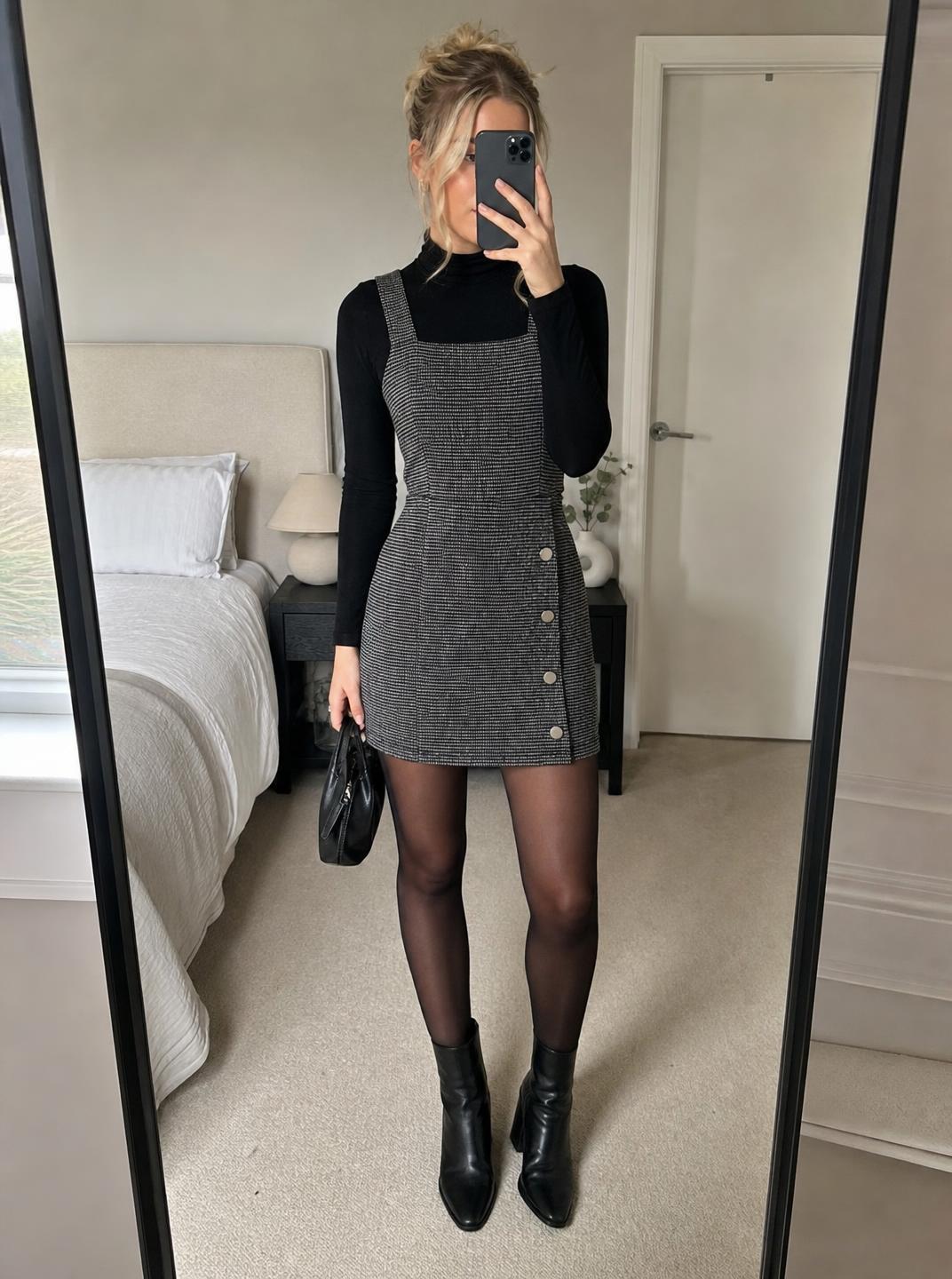 Black & White Textured Pinafore Mini Dress with Buttons