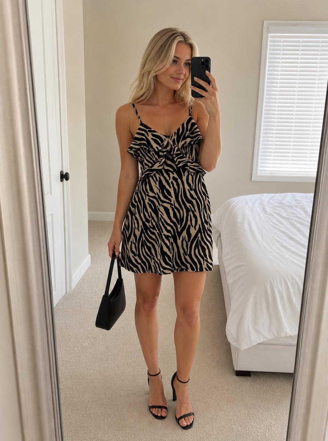 Zebra Print Ruffle Cami Mini Dress