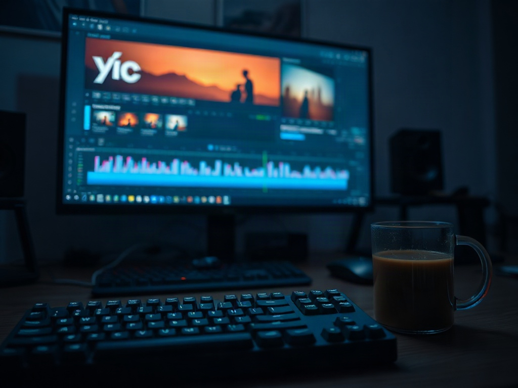 A moody cinematic photo of a video editor's late-night workspace: a large monitor showing a colorful editing timeline with clips and waveforms, a mechanical keyboard, a coffee mug, and soft blue and orange light from the screen in a dark room
