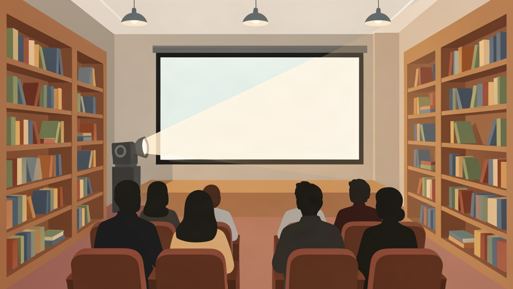 Sala de cine con proyección en la biblioteca de Castelar, sede del Festival Internacional de Cine (ilustración)