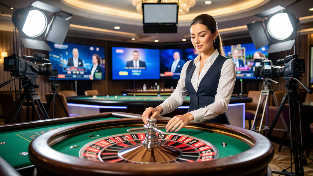 Casinò live online: croupier dal vivo al tavolo della roulette in uno studio televisivo