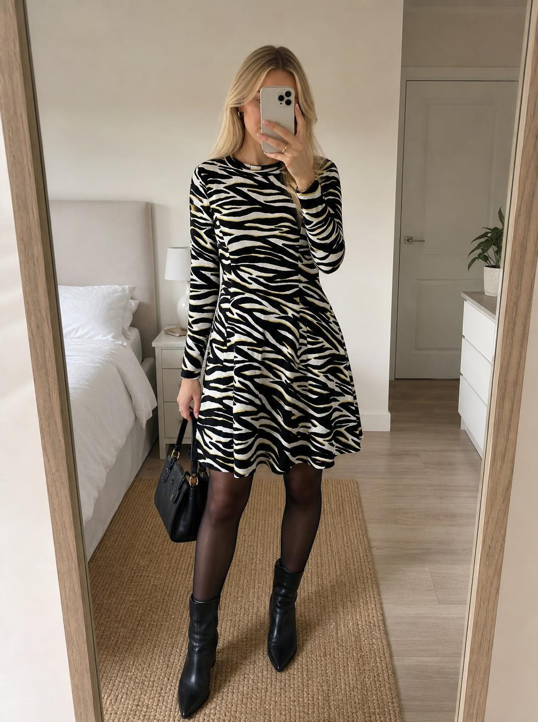 Zebra Print Long Sleeve Skater Dress – Very Good Condition