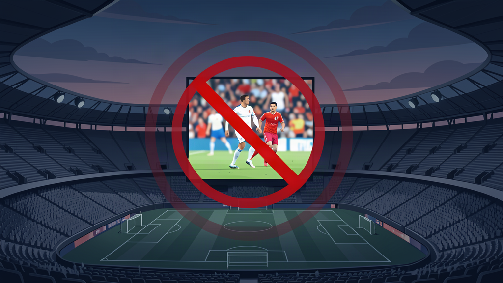 Illustrazione editoriale: uno stadio di calcio con un maxischermo e il simbolo del divieto